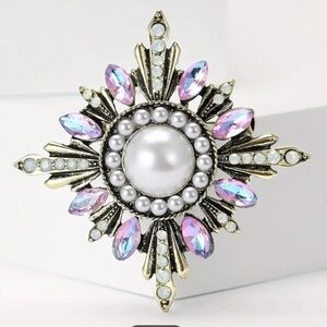 Sunburst Simulated Pearls & Aurora Borealis Rhinestone Brooch, Pin for Clothing